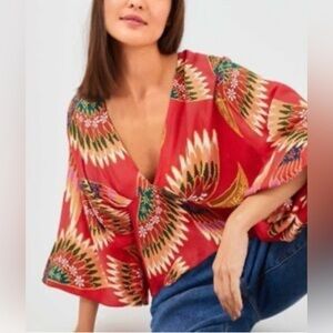 Farm Rio Toucan Print Flowy Long Sleeve Blouse Red Colorful Silky Size Large